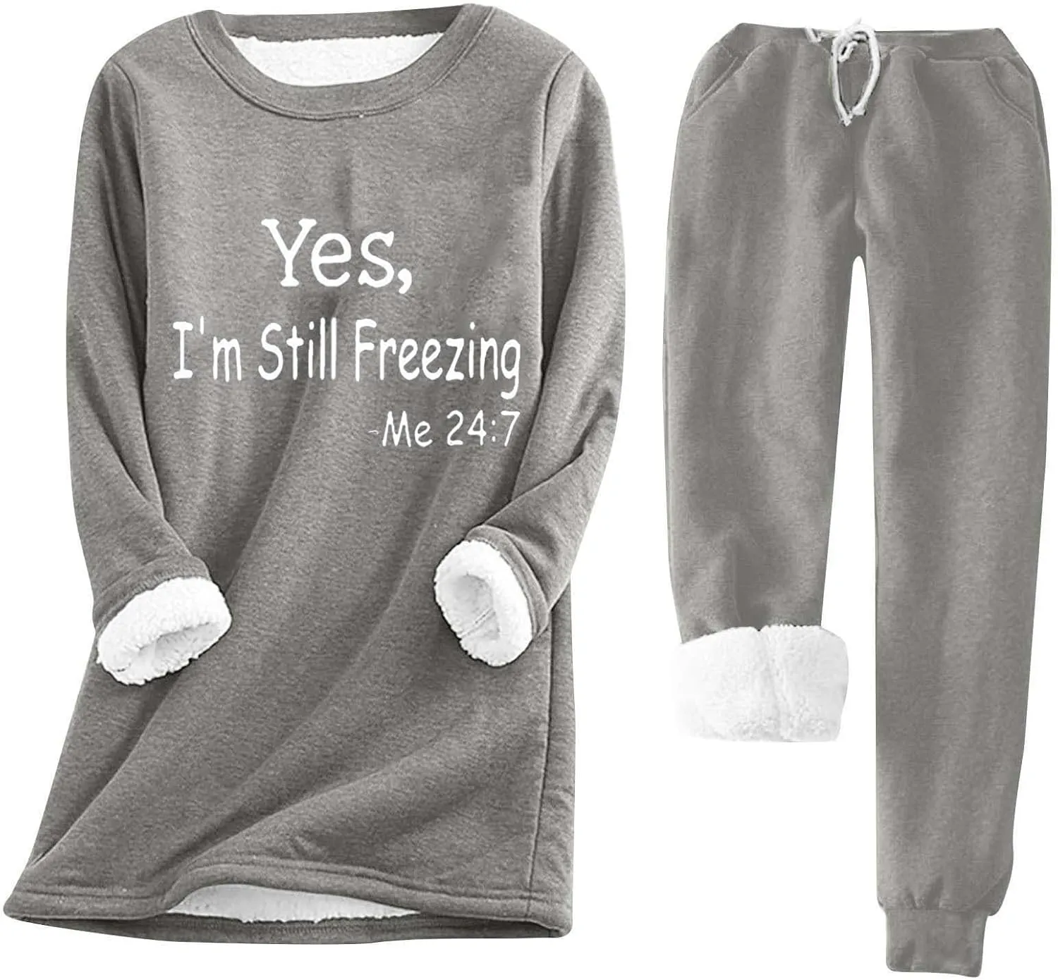 2 PCS Outfits Womens Fleece Sherpa Lined Sweatsuits Funny Long Sleeve Tops and Sweat Pants Winter Warm Tracksuit Set