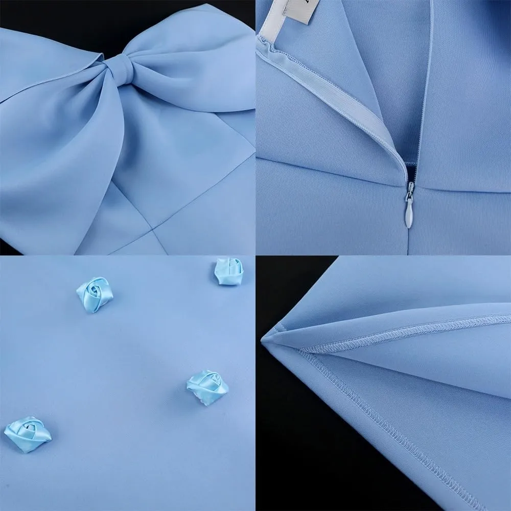 2024 Women's Elegant Big Bow Party Cocktail Blue Dress Sexy Ruffle One Shoulder Bodycon Floral Decorated Mini Dress
