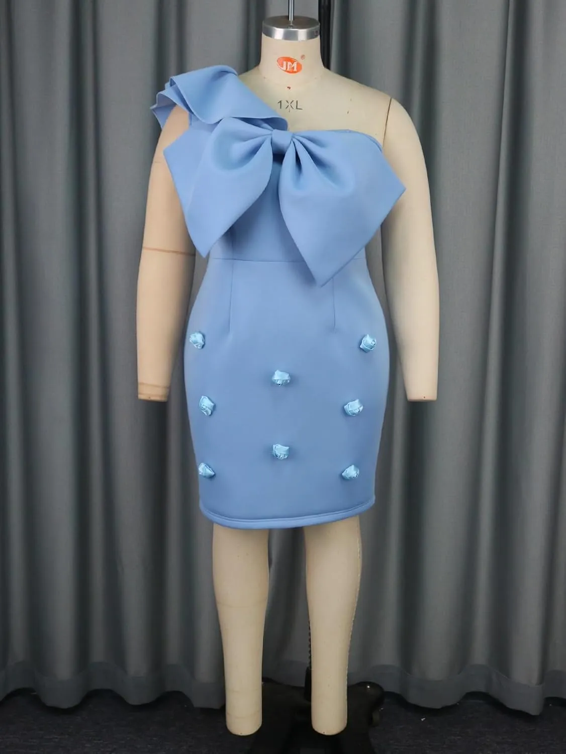 2024 Women's Elegant Big Bow Party Cocktail Blue Dress Sexy Ruffle One Shoulder Bodycon Floral Decorated Mini Dress