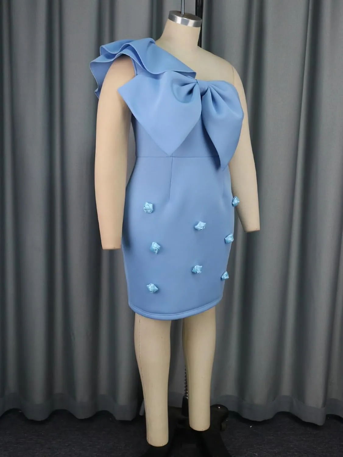 2024 Women's Elegant Big Bow Party Cocktail Blue Dress Sexy Ruffle One Shoulder Bodycon Floral Decorated Mini Dress