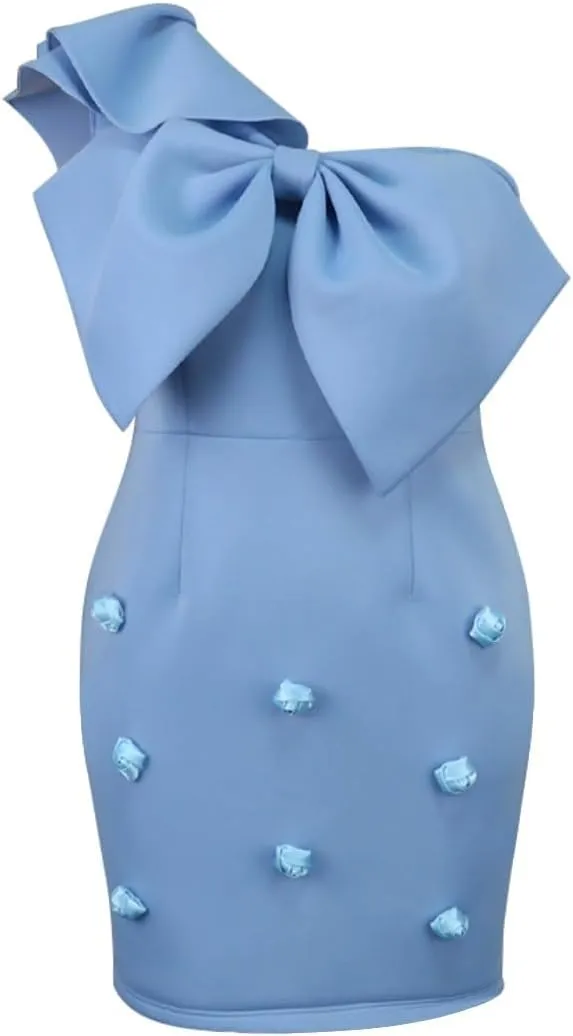 2024 Women's Elegant Big Bow Party Cocktail Blue Dress Sexy Ruffle One Shoulder Bodycon Floral Decorated Mini Dress