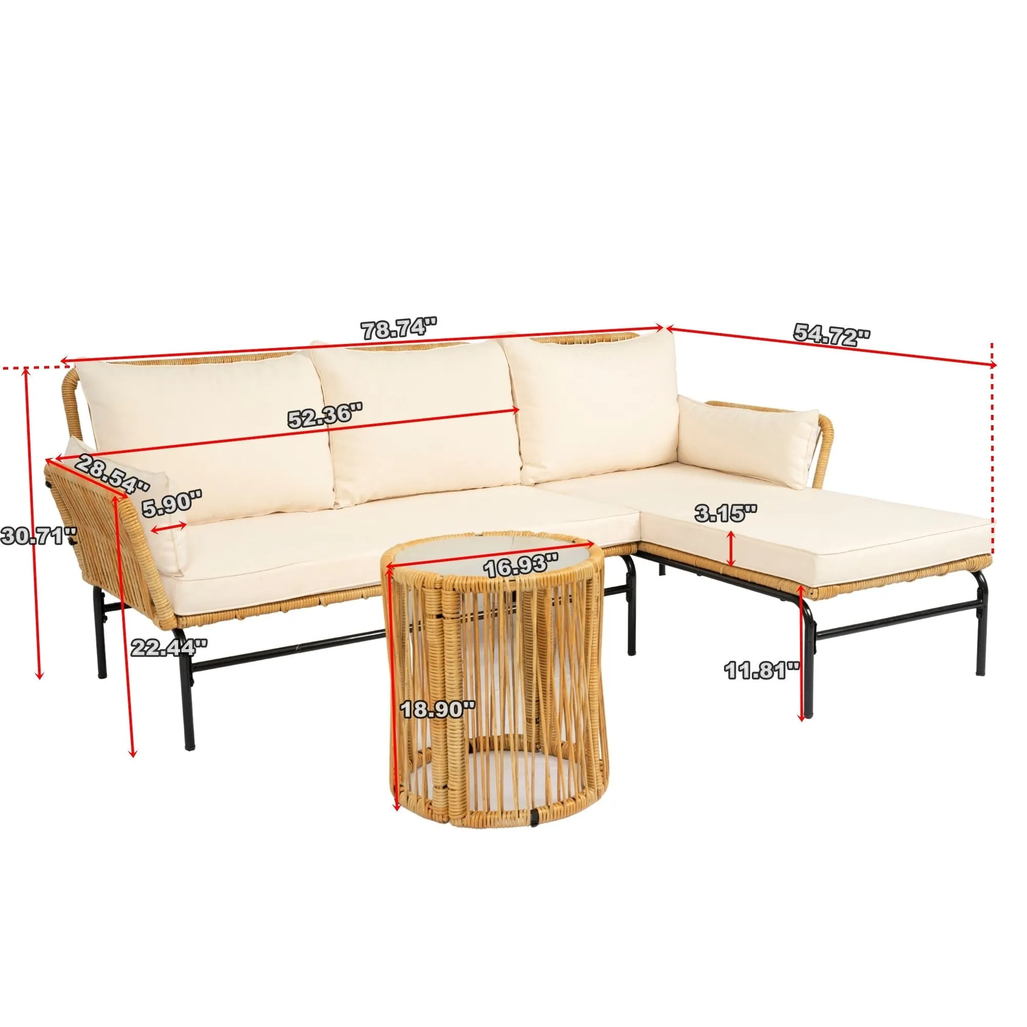 3 Pieces Outdoor Patio Wicker Furniture Sets Table And Chairs With Thick Cushion Outdoor Sofa Set Wicker And Cushion - Natural Yellow / Creme by Couch.com