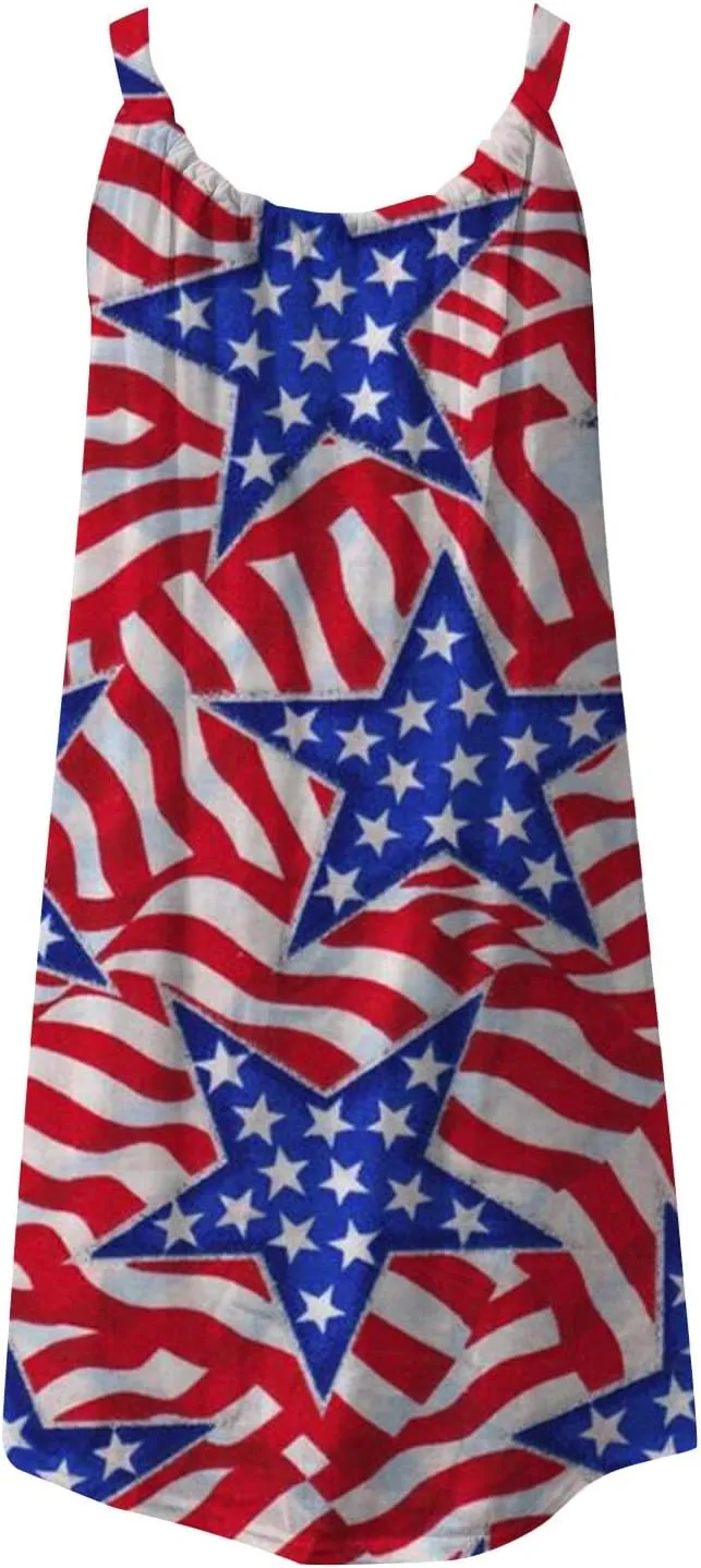 4th of July Dresses for Women Summer Casual Sleeveless Beach Flowy Sundress Patriotic American Flag Stars Tank Dress