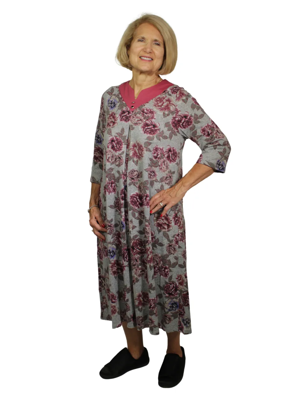 Adaptive Dress with Notched Neckline - Pink Floral