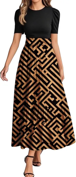 ADHOWBEW Dresses for Women 2025 Beach Casual Plus Size Trendy Flower O Neck Sexy Elegant Empire Waist Short Sleeve Dresses