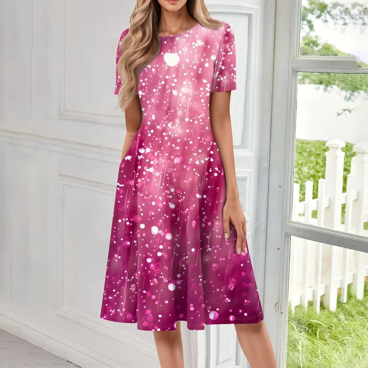 ADHOWBEW Summer Dresses for Women 2025 Vacation Cute Casual Trendy Sexy Loose Fit Beach O Neck Short Sleeve Dresses