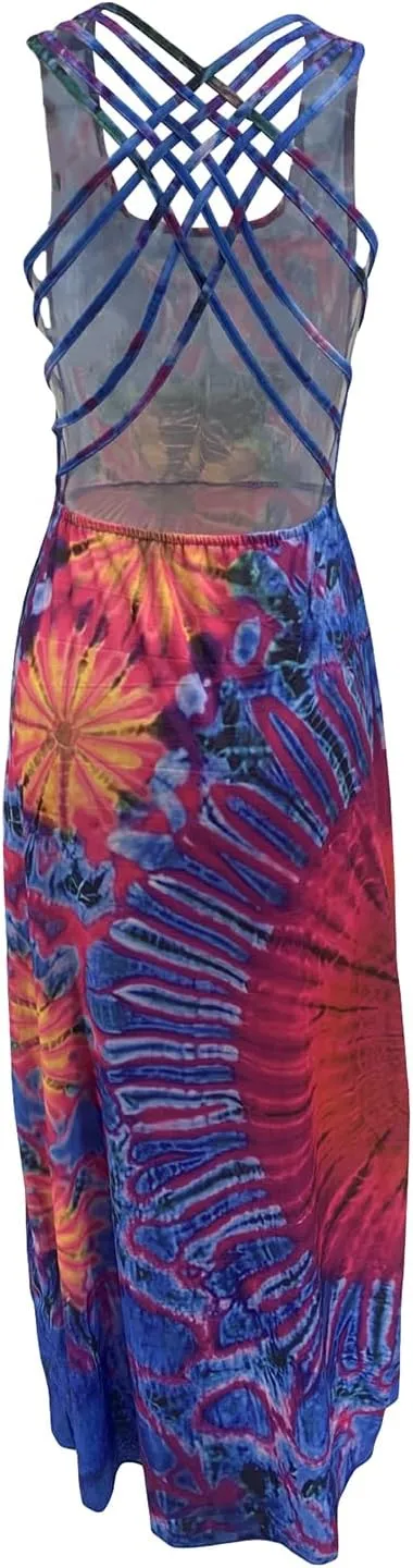 Adoeren Women Y2k Tie Dye Long Dress Sexy Sleeveless Open Back Colorful Maxi Dress Floral Printed Beach Party Sundress