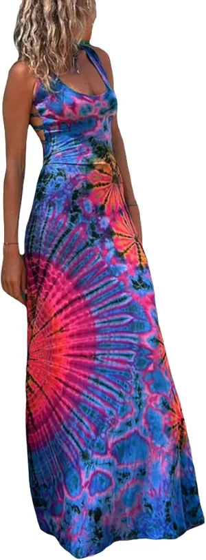 Adoeren Women Y2k Tie Dye Long Dress Sexy Sleeveless Open Back Colorful Maxi Dress Floral Printed Beach Party Sundress