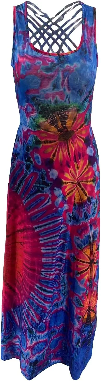 Adoeren Women Y2k Tie Dye Long Dress Sexy Sleeveless Open Back Colorful Maxi Dress Floral Printed Beach Party Sundress