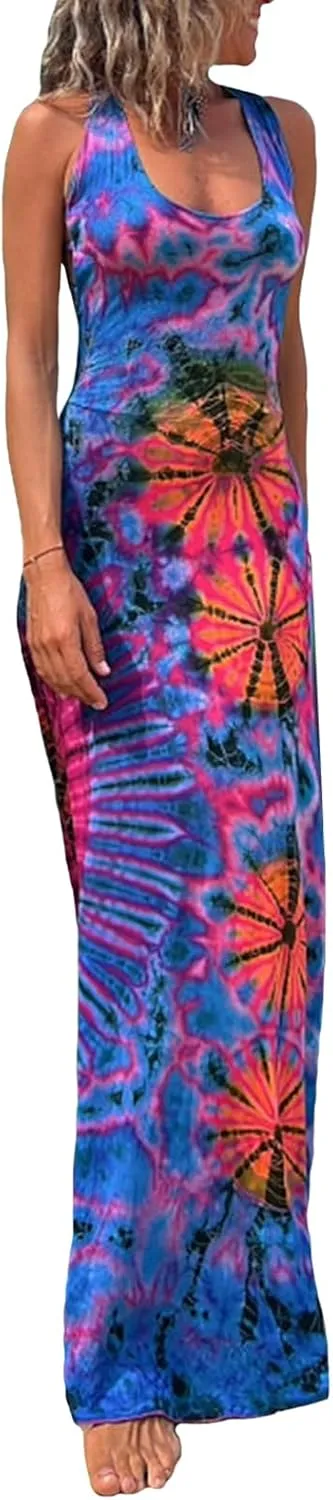 Adoeren Women Y2k Tie Dye Long Dress Sexy Sleeveless Open Back Colorful Maxi Dress Floral Printed Beach Party Sundress