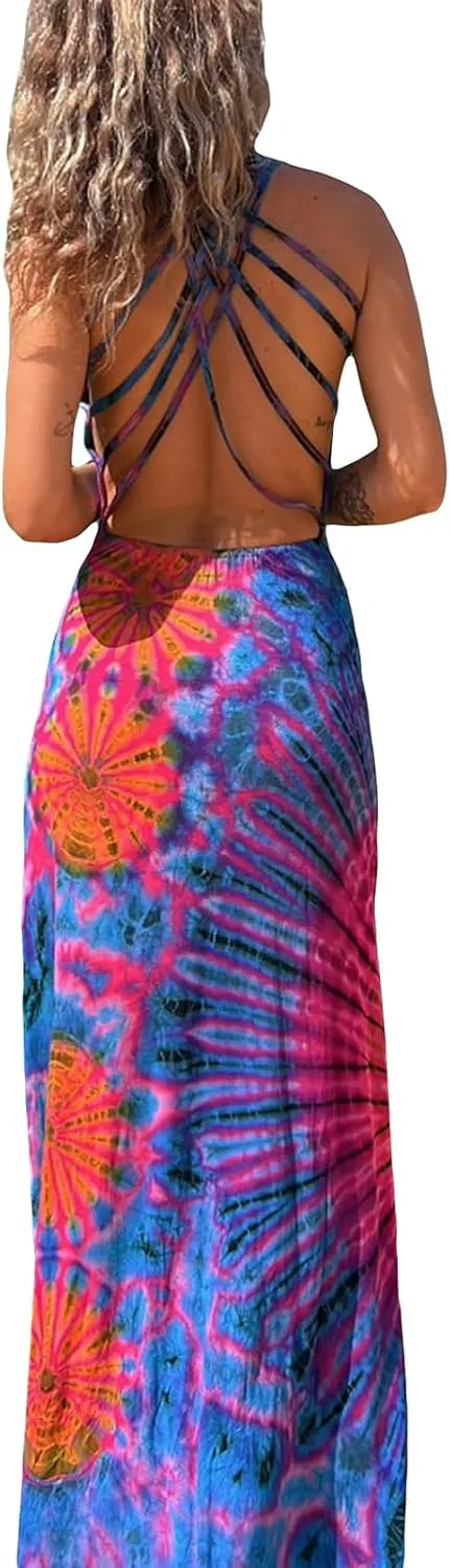 Adoeren Women Y2k Tie Dye Long Dress Sexy Sleeveless Open Back Colorful Maxi Dress Floral Printed Beach Party Sundress