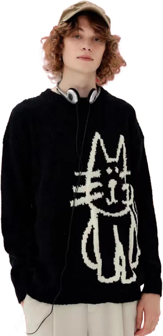 Aelfric Eden Women's Pullover Sweater Hand Drawn Cat Graphic Printed Oversized Sweater Fall Winter Fashion Couple Tops