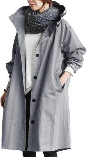 aihihe Women's Lightweight Hooded Trench Coat Outdoor Long Jacket Plus Size Button Up Windbreaker Outerwear with Pockets