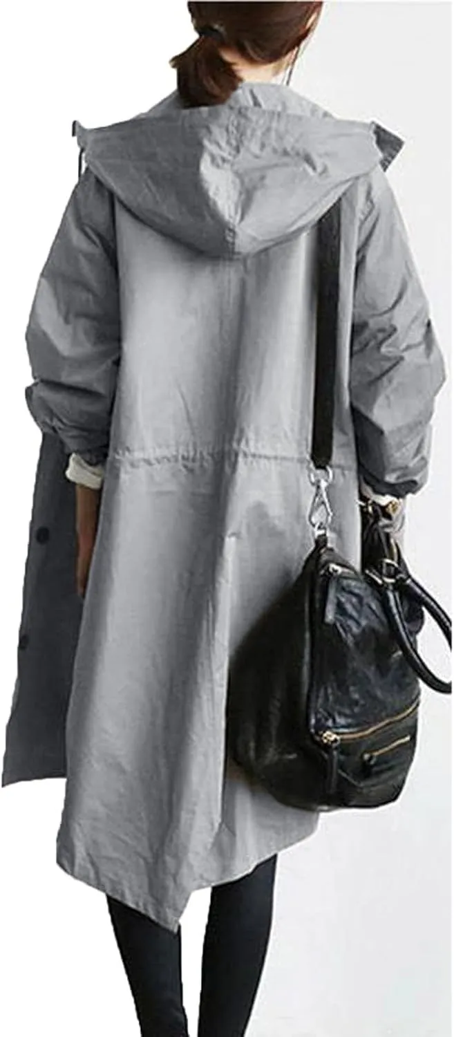 aihihe Women's Lightweight Hooded Trench Coat Outdoor Long Jacket Plus Size Button Up Windbreaker Outerwear with Pockets