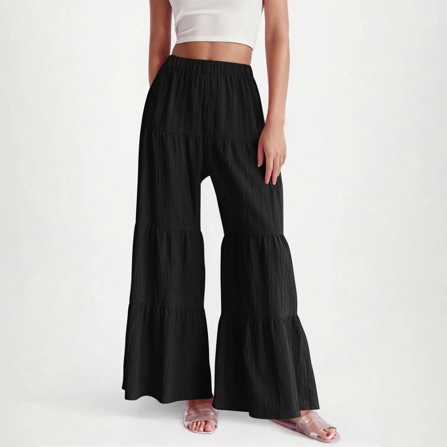 Akklian Flowy Pants for Women Boho Elastic High Waist Ruffle Tiered Wide Leg Beach Palazzo Pants Loose Casual Summer Trousers