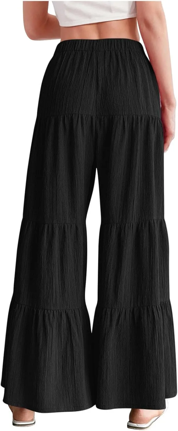 Akklian Flowy Pants for Women Boho Elastic High Waist Ruffle Tiered Wide Leg Beach Palazzo Pants Loose Casual Summer Trousers