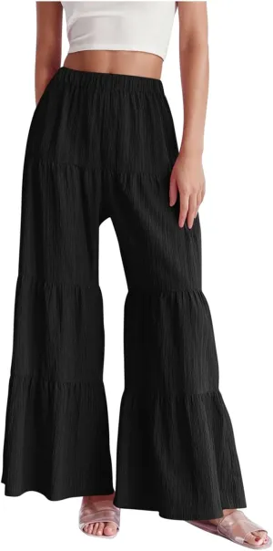 Akklian Flowy Pants for Women Boho Elastic High Waist Ruffle Tiered Wide Leg Beach Palazzo Pants Loose Casual Summer Trousers