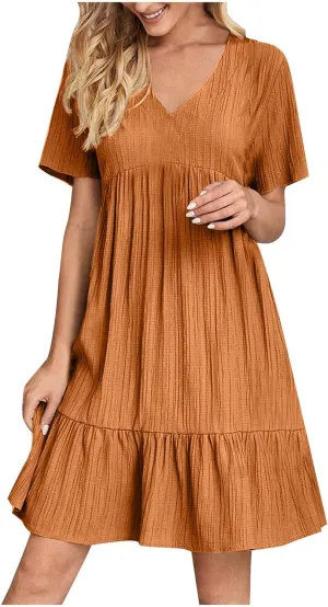 Akklian Summer Dresses for Women 2025 Ruffle Casual V Neck Mini Dress Short Sleeve A-Line Flowy Swing Beach Dress Sundress