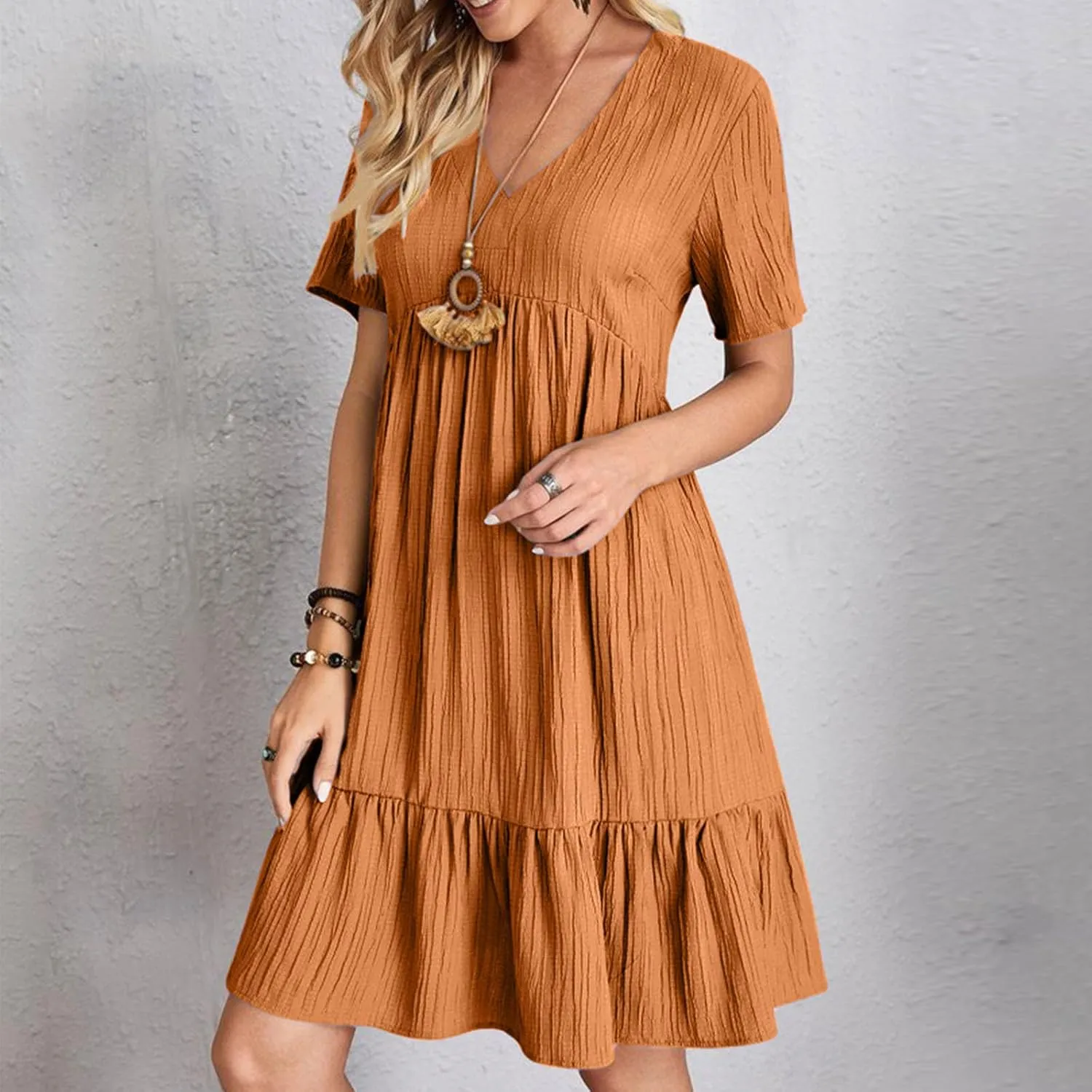 Akklian Summer Dresses for Women 2025 Ruffle Casual V Neck Mini Dress Short Sleeve A-Line Flowy Swing Beach Dress Sundress