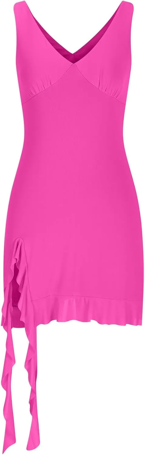 Akklian Womens Summer Dresses Sexy Slit Bodycon Dresses V Neck Backless Y2K Ruffle Trim Fringe Cocktail Party Club Mini Dress