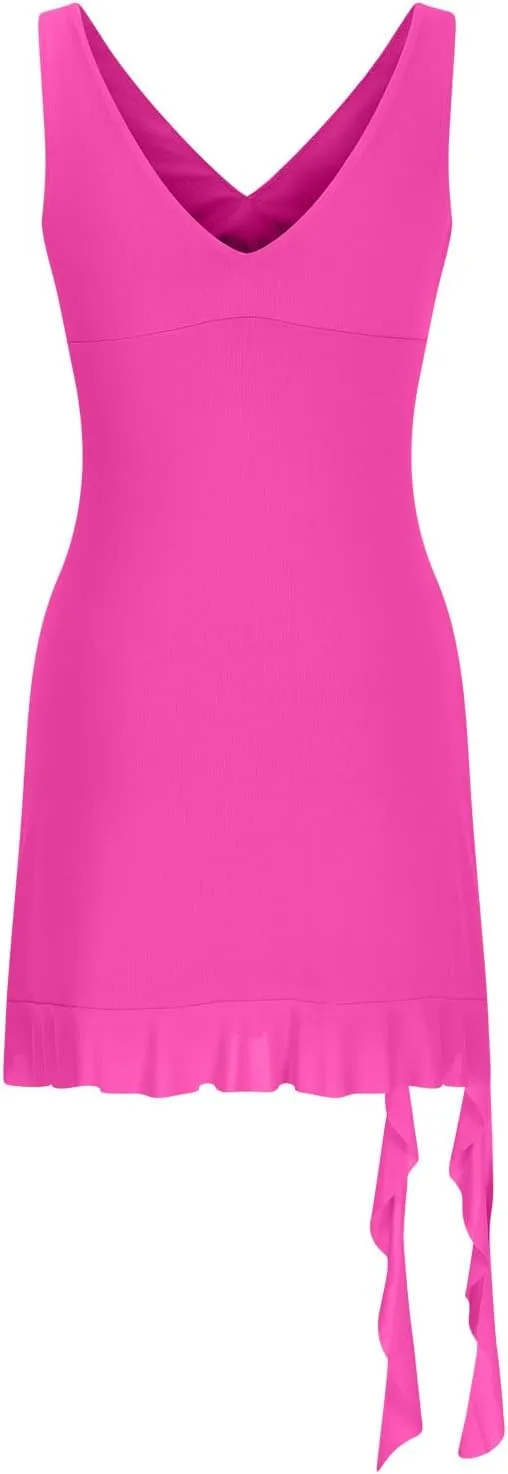Akklian Womens Summer Dresses Sexy Slit Bodycon Dresses V Neck Backless Y2K Ruffle Trim Fringe Cocktail Party Club Mini Dress