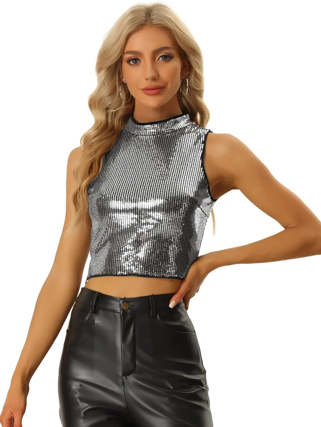 Allegra K Metallic Crop Top for Women's Sleeveless Sparkly Sequin Tops