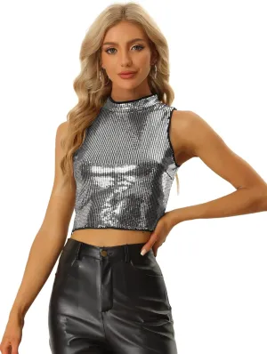 Allegra K Metallic Crop Top for Women's Sleeveless Sparkly Sequin Tops
