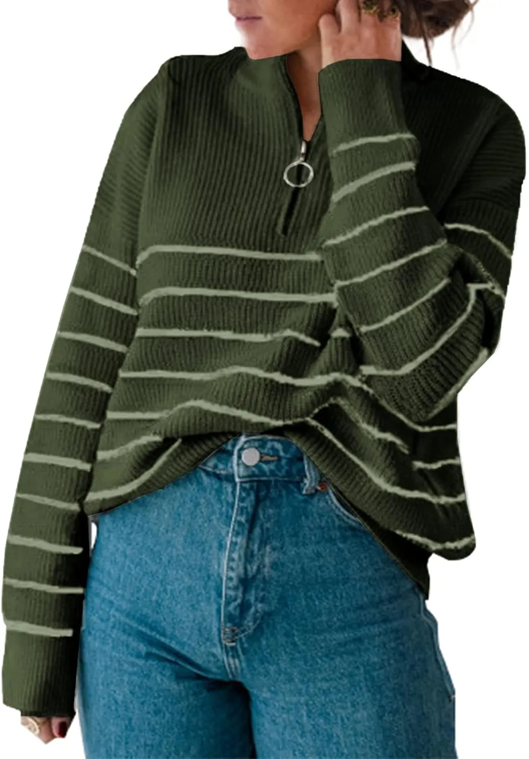 Amkoyam Women's Striped Sweaters 2023 Long Sleeves Knitted Casual Pullovers Loose Shirt Tops with Button Fall Winter