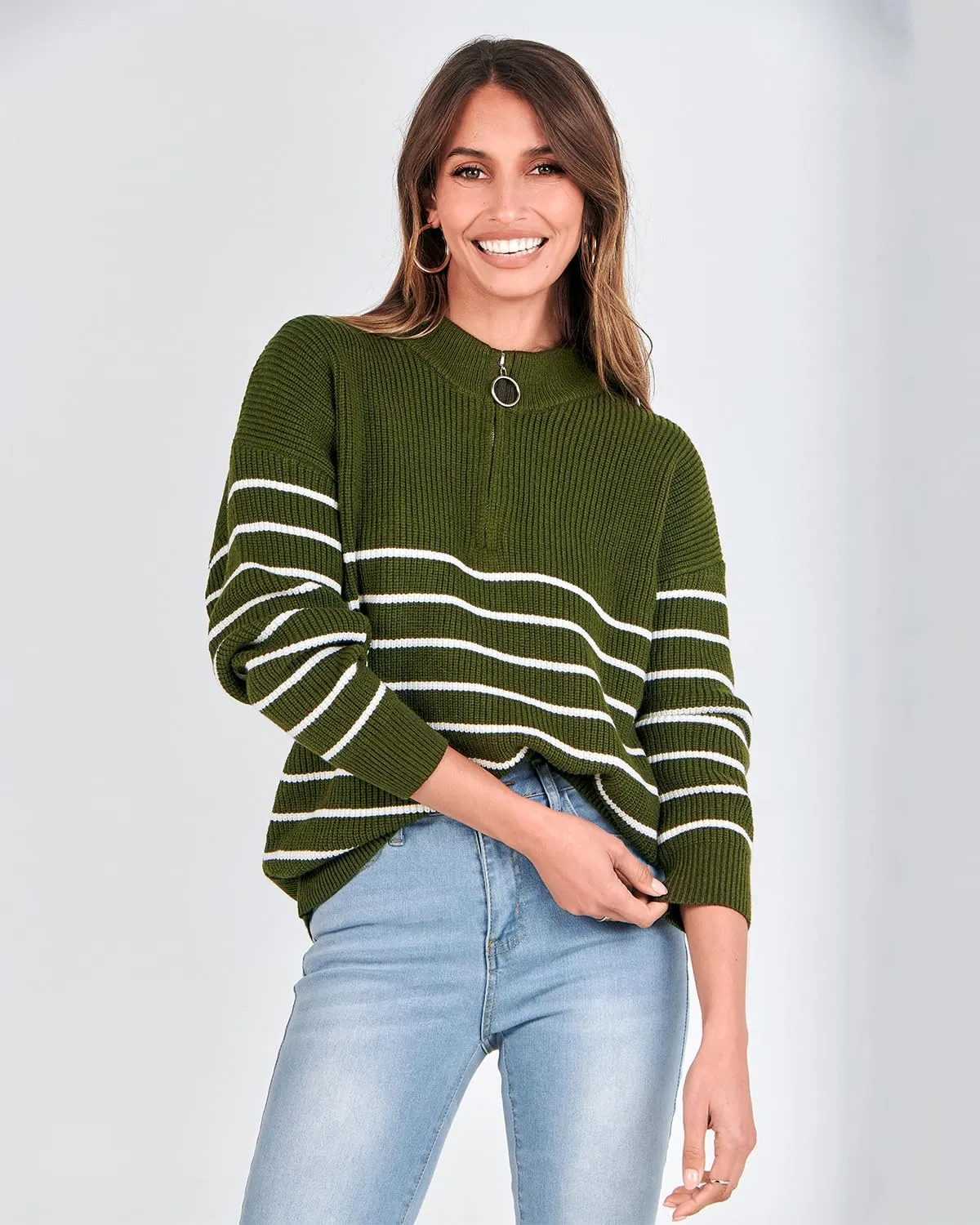 Amkoyam Women's Striped Sweaters 2023 Long Sleeves Knitted Casual Pullovers Loose Shirt Tops with Button Fall Winter