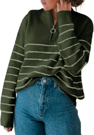 Amkoyam Women's Striped Sweaters 2023 Long Sleeves Knitted Casual Pullovers Loose Shirt Tops with Button Fall Winter