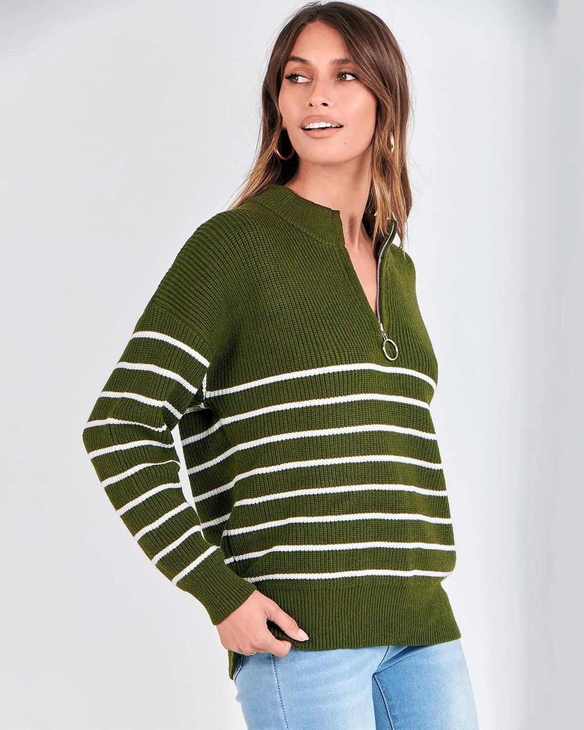 Amkoyam Women's Striped Sweaters 2023 Long Sleeves Knitted Casual Pullovers Loose Shirt Tops with Button Fall Winter