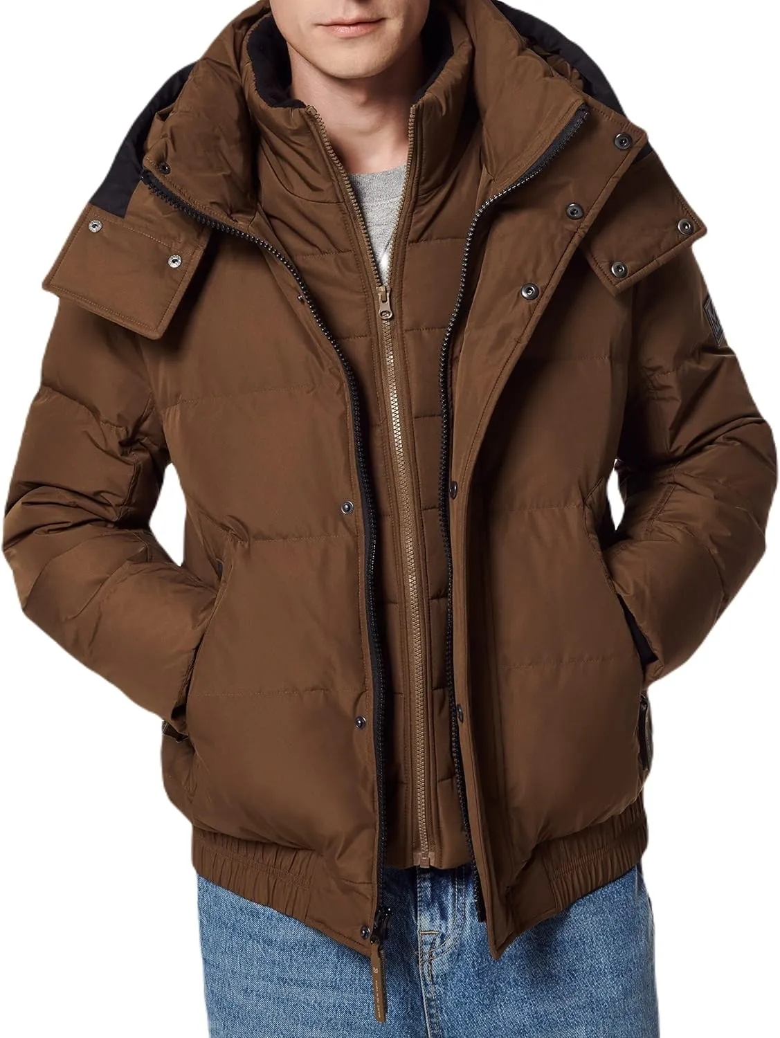 Andrew Marc Men's Short Quilted Inner Bib Attached Down Fill Phoenix Down Bomber Hybrid