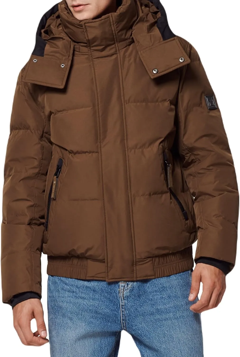 Andrew Marc Men's Short Quilted Inner Bib Attached Down Fill Phoenix Down Bomber Hybrid