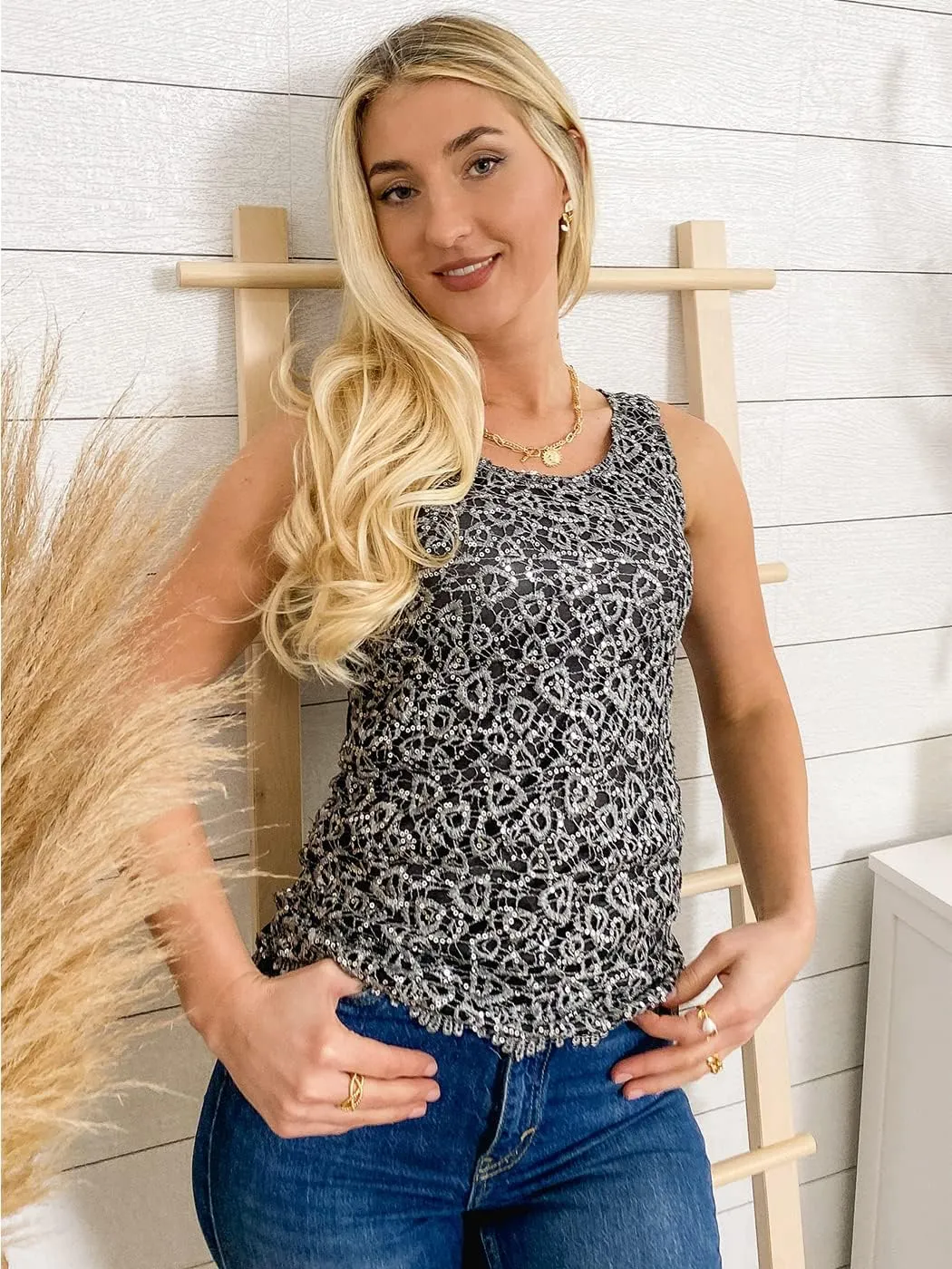 Anna-Kaci Womens Casual Formal Embroidered Lace Sequin Sleeveless Shirt Tank Top