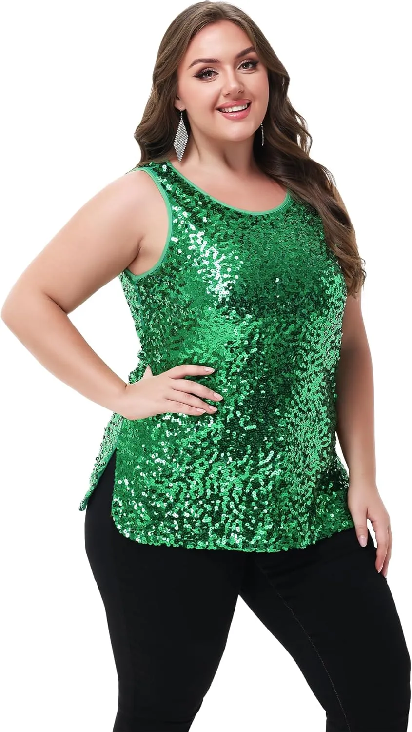 Anna-Kaci Womens Plus Size Sleeveless Sequin Tops Sparkle Shine Tank Top