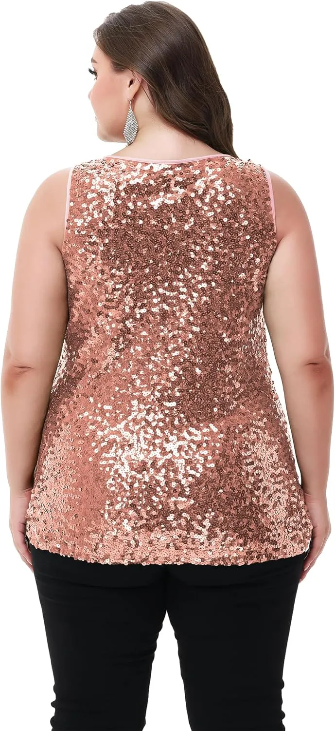 Anna-Kaci Womens Plus Size Sleeveless Sequin Tops Sparkle Shine Tank Top
