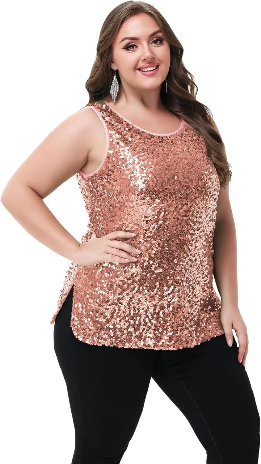 Anna-Kaci Womens Plus Size Sleeveless Sequin Tops Sparkle Shine Tank Top