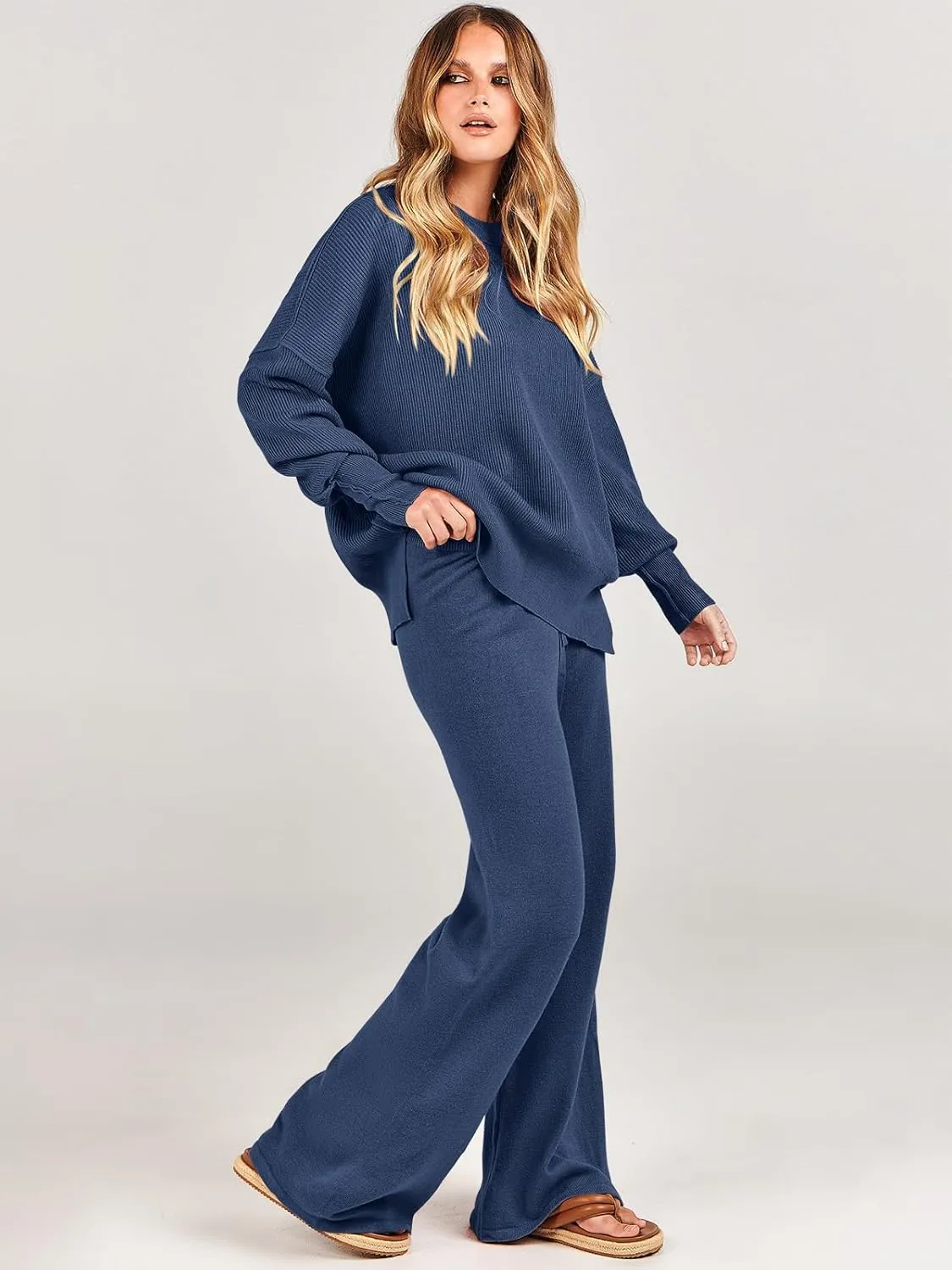 ANRABESS Women 2 Piece Outfits Oversized Chunky Knit Sweater Top Wide Leg Pants 2024 Fall Lounge Set Trendy Cozy Clothes