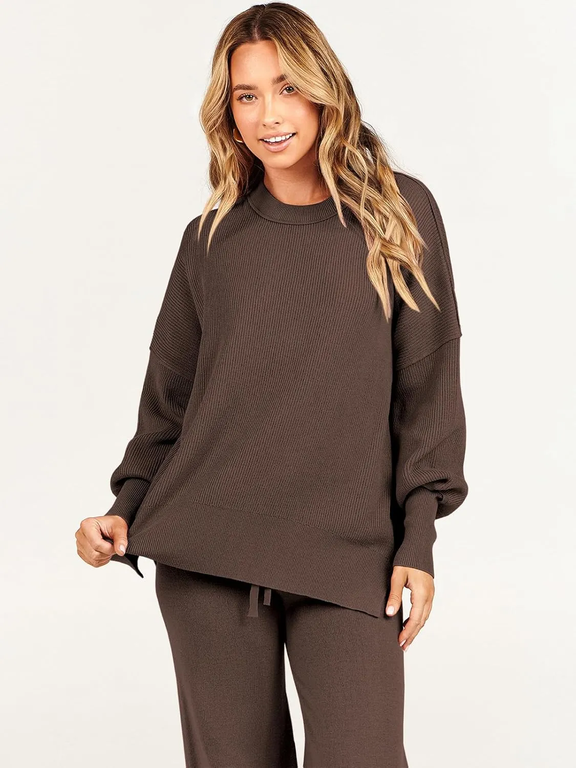 ANRABESS Women 2 Piece Outfits Oversized Chunky Knit Sweater Top Wide Leg Pants 2024 Fall Lounge Set Trendy Cozy Clothes