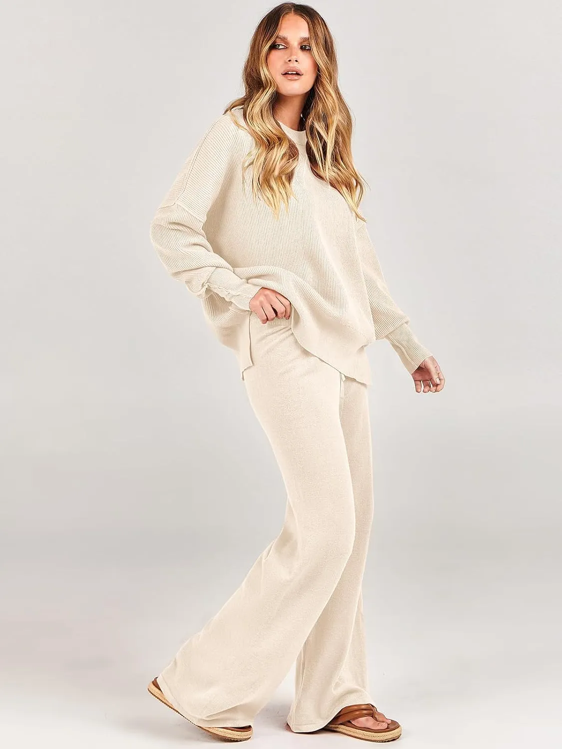 ANRABESS Women 2 Piece Outfits Oversized Chunky Knit Sweater Top Wide Leg Pants 2024 Fall Lounge Set Trendy Cozy Clothes