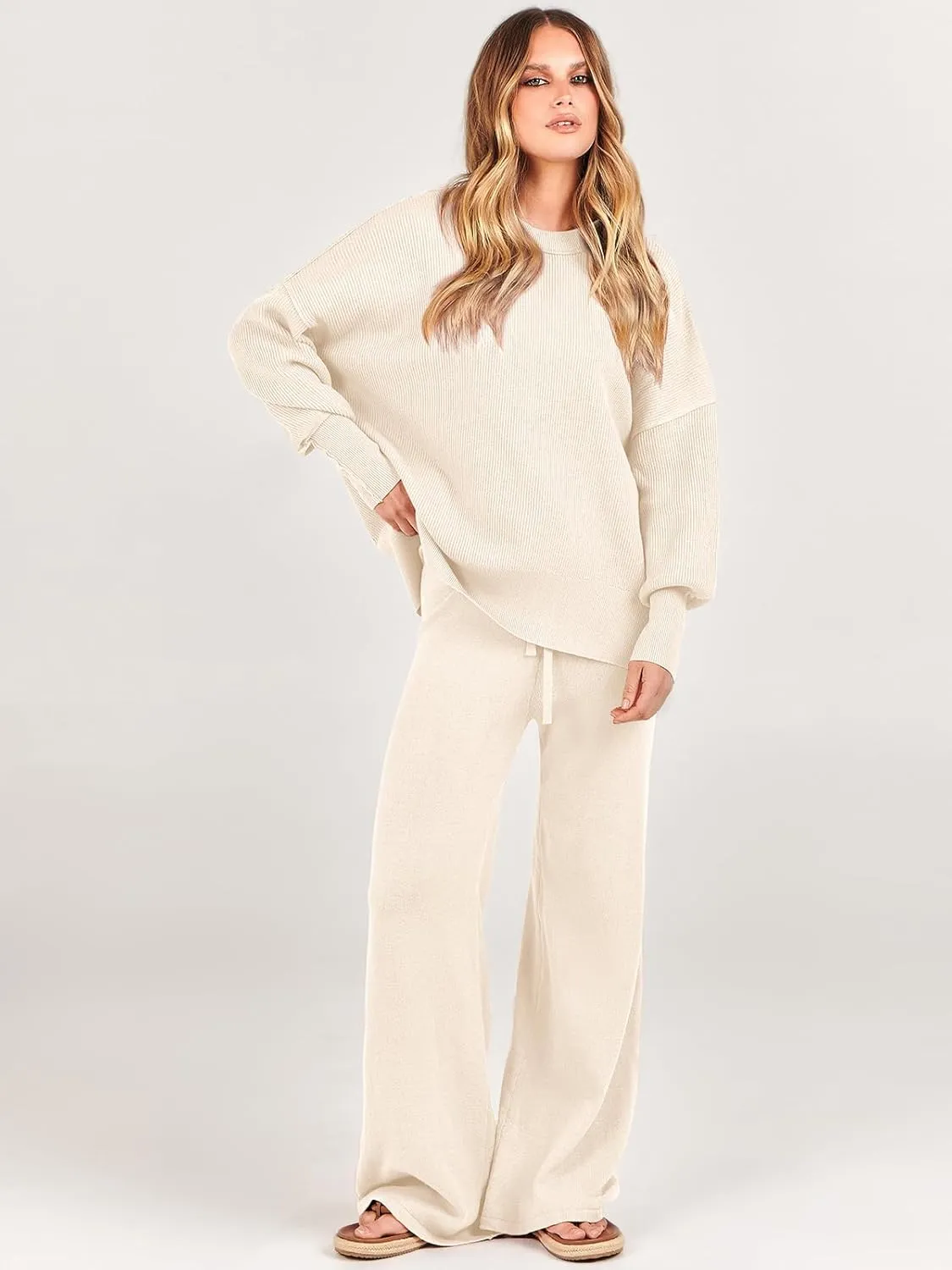 ANRABESS Women 2 Piece Outfits Oversized Chunky Knit Sweater Top Wide Leg Pants 2024 Fall Lounge Set Trendy Cozy Clothes