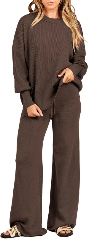 ANRABESS Women 2 Piece Outfits Oversized Chunky Knit Sweater Top Wide Leg Pants 2024 Fall Lounge Set Trendy Cozy Clothes