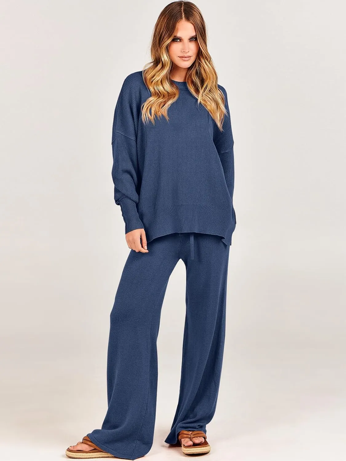 ANRABESS Women 2 Piece Outfits Oversized Chunky Knit Sweater Top Wide Leg Pants 2024 Fall Lounge Set Trendy Cozy Clothes