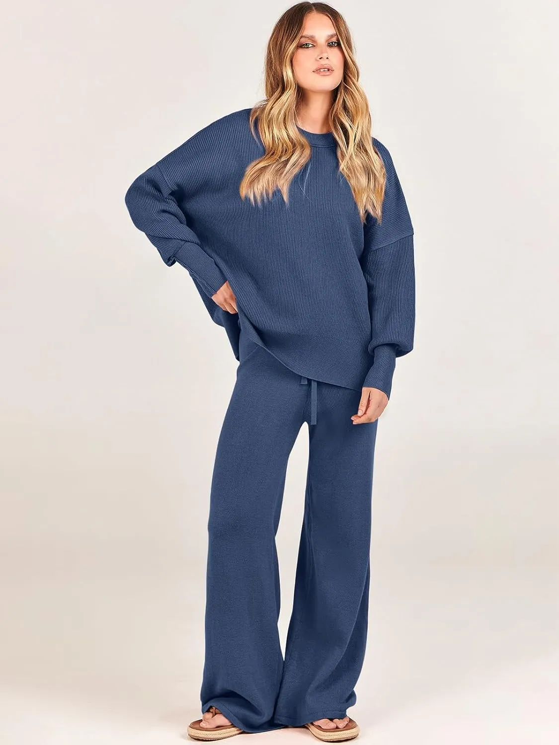 ANRABESS Women 2 Piece Outfits Oversized Chunky Knit Sweater Top Wide Leg Pants 2024 Fall Lounge Set Trendy Cozy Clothes