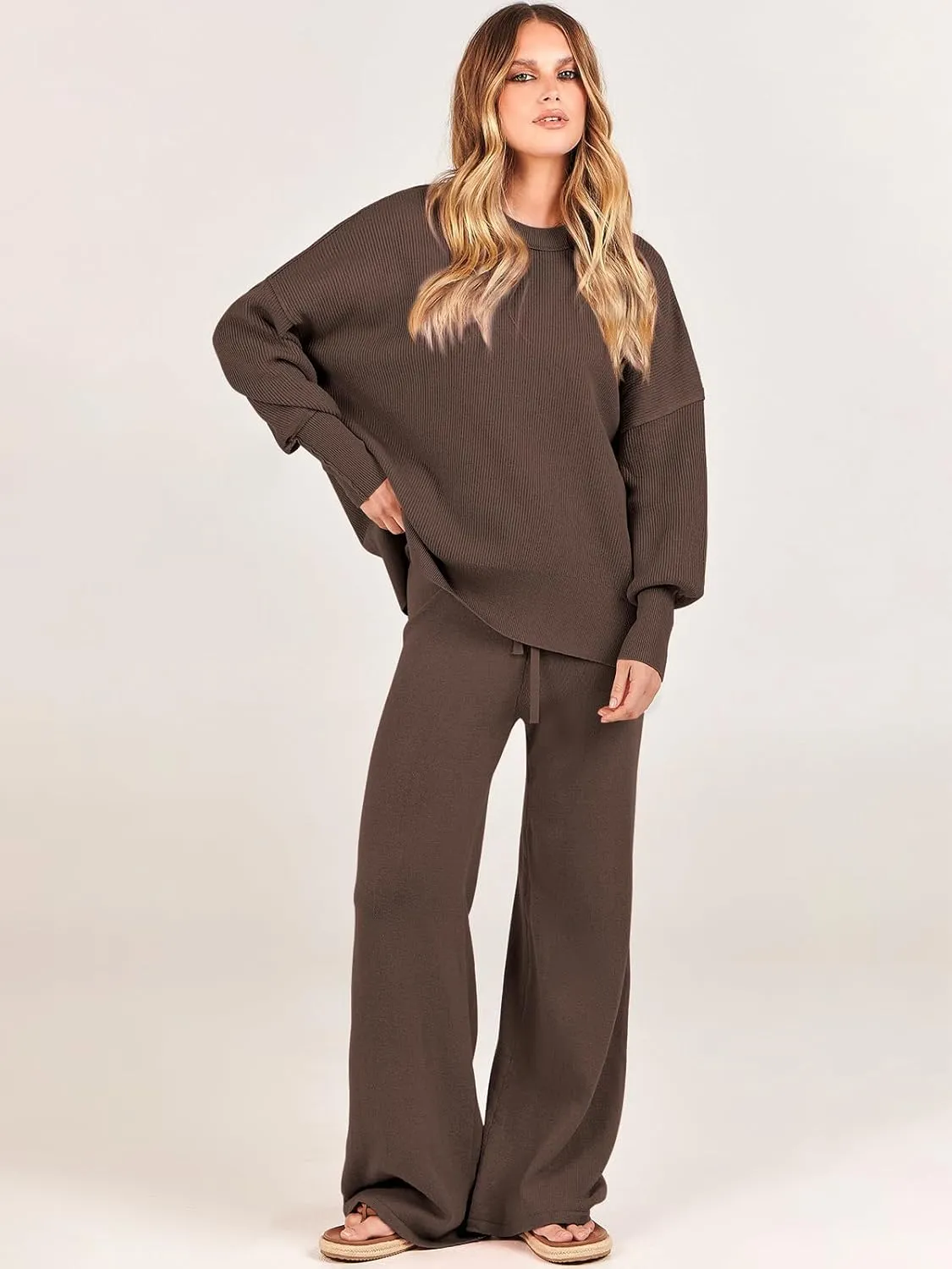 ANRABESS Women 2 Piece Outfits Oversized Chunky Knit Sweater Top Wide Leg Pants 2024 Fall Lounge Set Trendy Cozy Clothes