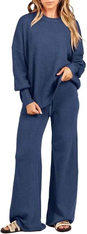ANRABESS Women 2 Piece Outfits Oversized Chunky Knit Sweater Top Wide Leg Pants 2024 Fall Lounge Set Trendy Cozy Clothes