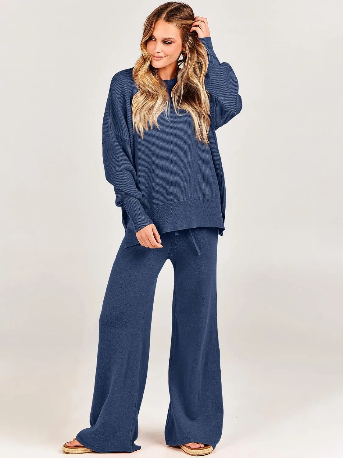 ANRABESS Women 2 Piece Outfits Oversized Chunky Knit Sweater Top Wide Leg Pants 2024 Fall Lounge Set Trendy Cozy Clothes
