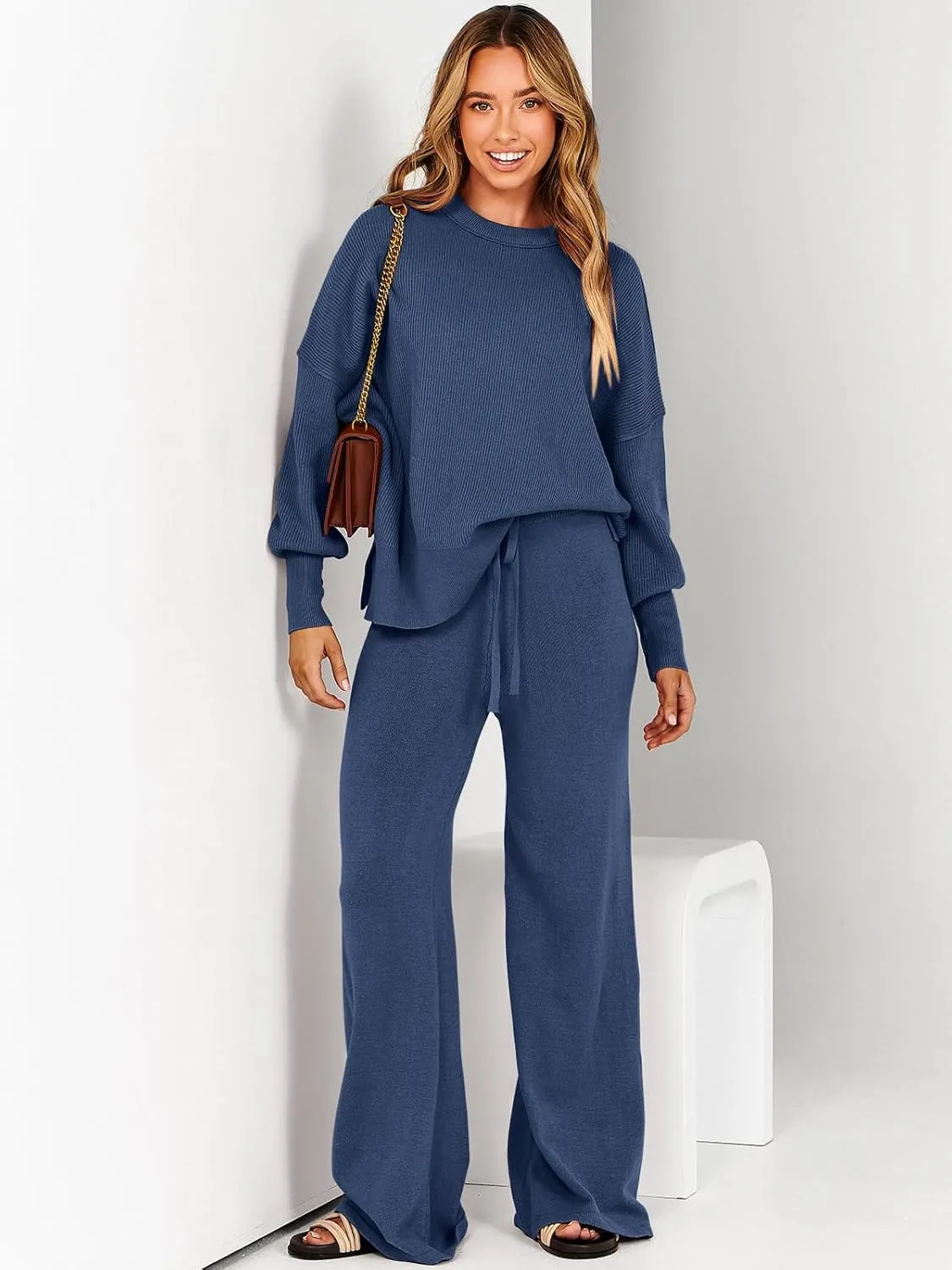 ANRABESS Women 2 Piece Outfits Oversized Chunky Knit Sweater Top Wide Leg Pants 2024 Fall Lounge Set Trendy Cozy Clothes