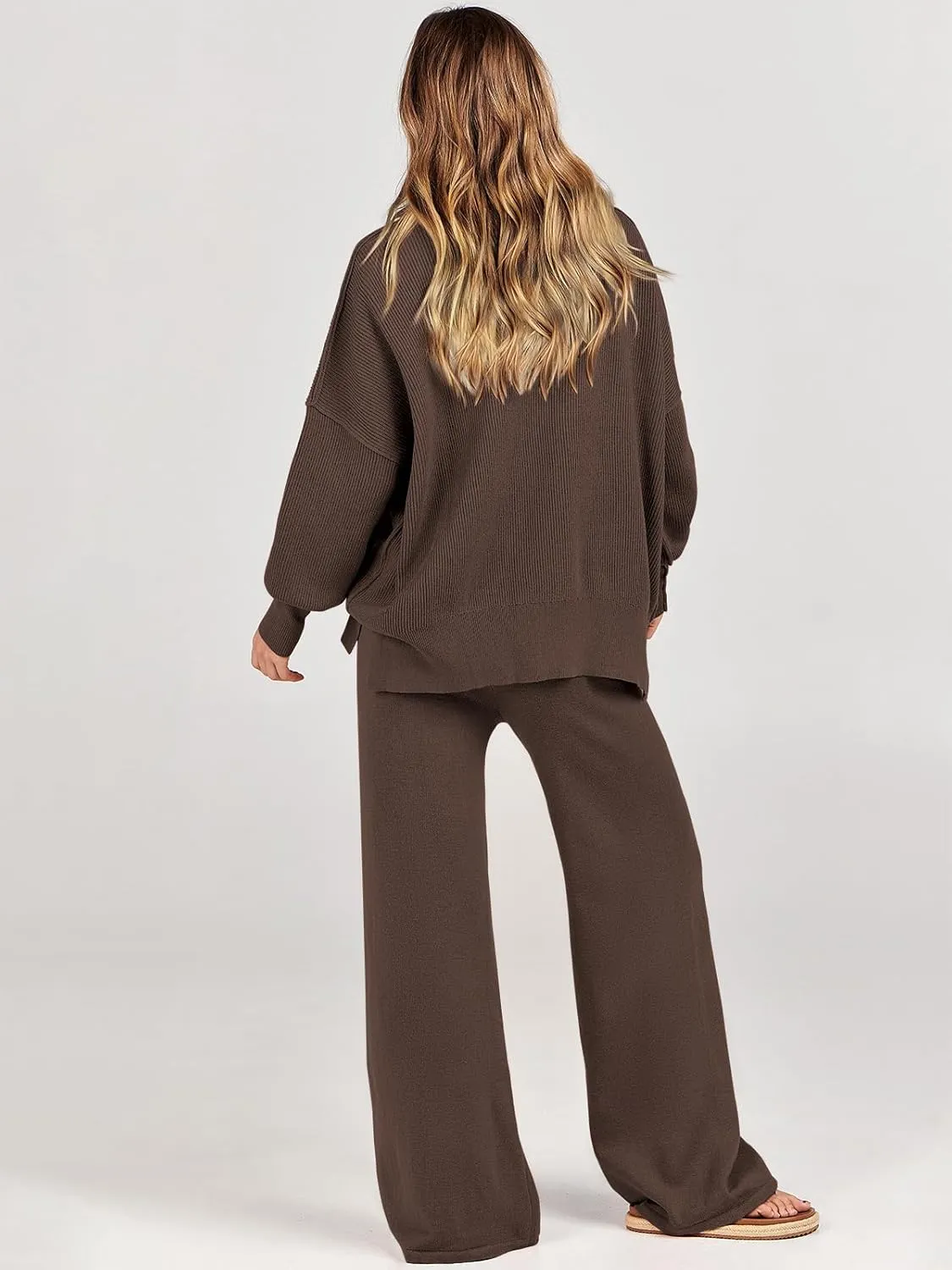 ANRABESS Women 2 Piece Outfits Oversized Chunky Knit Sweater Top Wide Leg Pants 2024 Fall Lounge Set Trendy Cozy Clothes