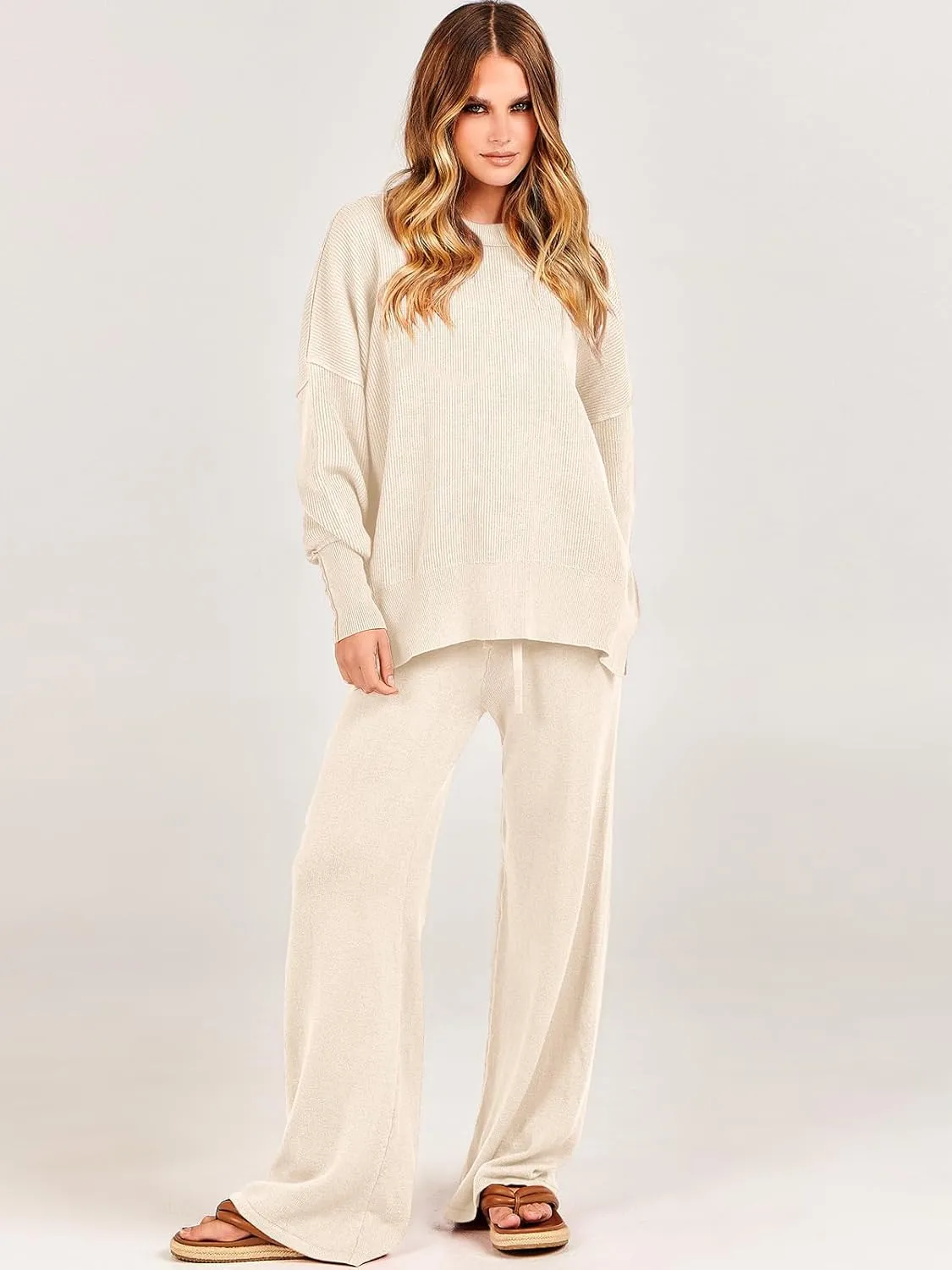 ANRABESS Women 2 Piece Outfits Oversized Chunky Knit Sweater Top Wide Leg Pants 2024 Fall Lounge Set Trendy Cozy Clothes